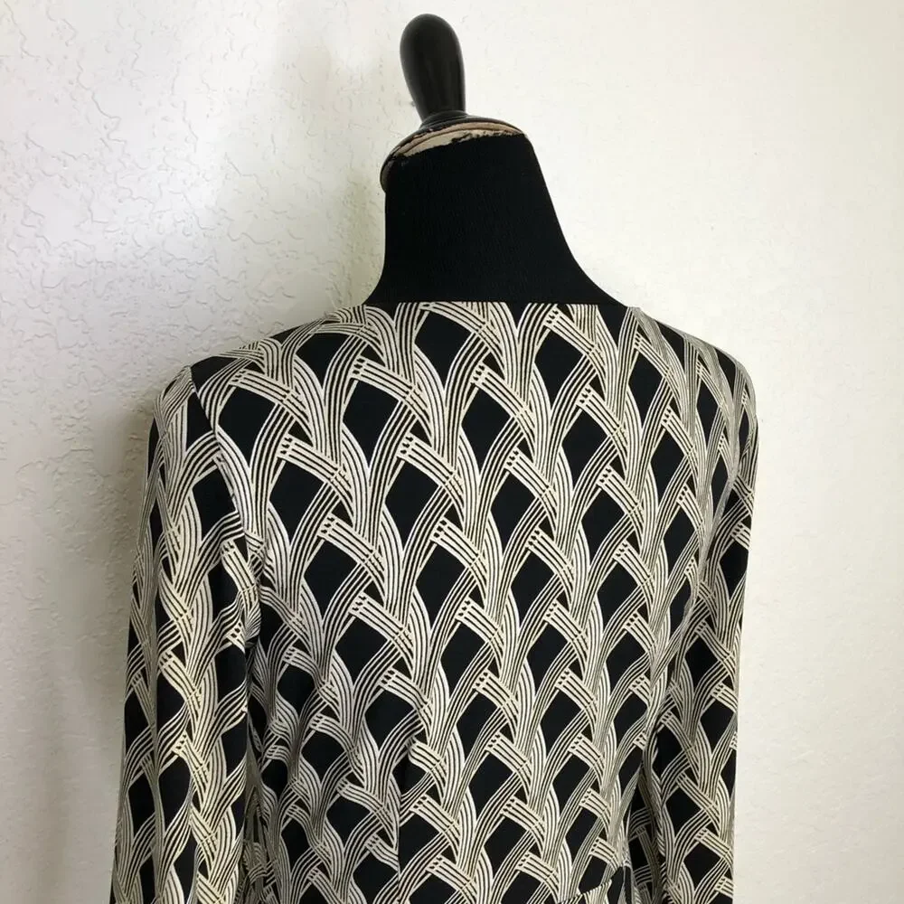 WHBM cream black art deco geometric faux wrap midi dress size 6